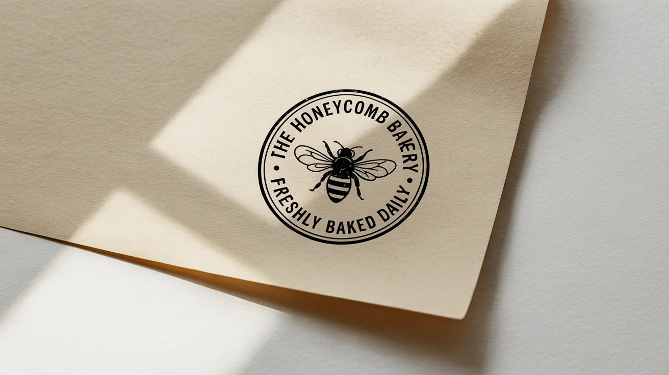 A photorealistic mockup of a round black ink stamp on textured cream paper. The stamp features a honeybee logo and the text 'THE HONEYCOMB BAKERY' and 'FRESHLY BAKED DAILY'.
