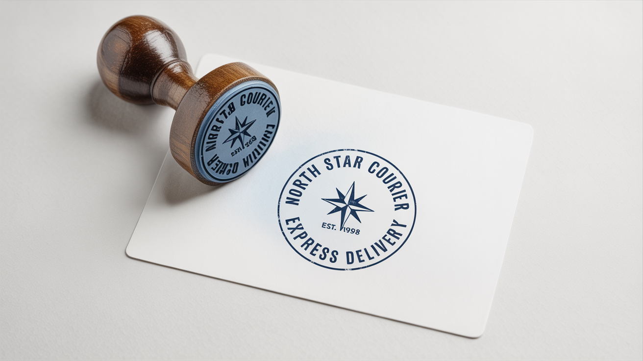 A photorealistic mockup of a round wooden stamp lying next to its navy blue ink impression on a white card, featuring the text 'North Star Courier'.