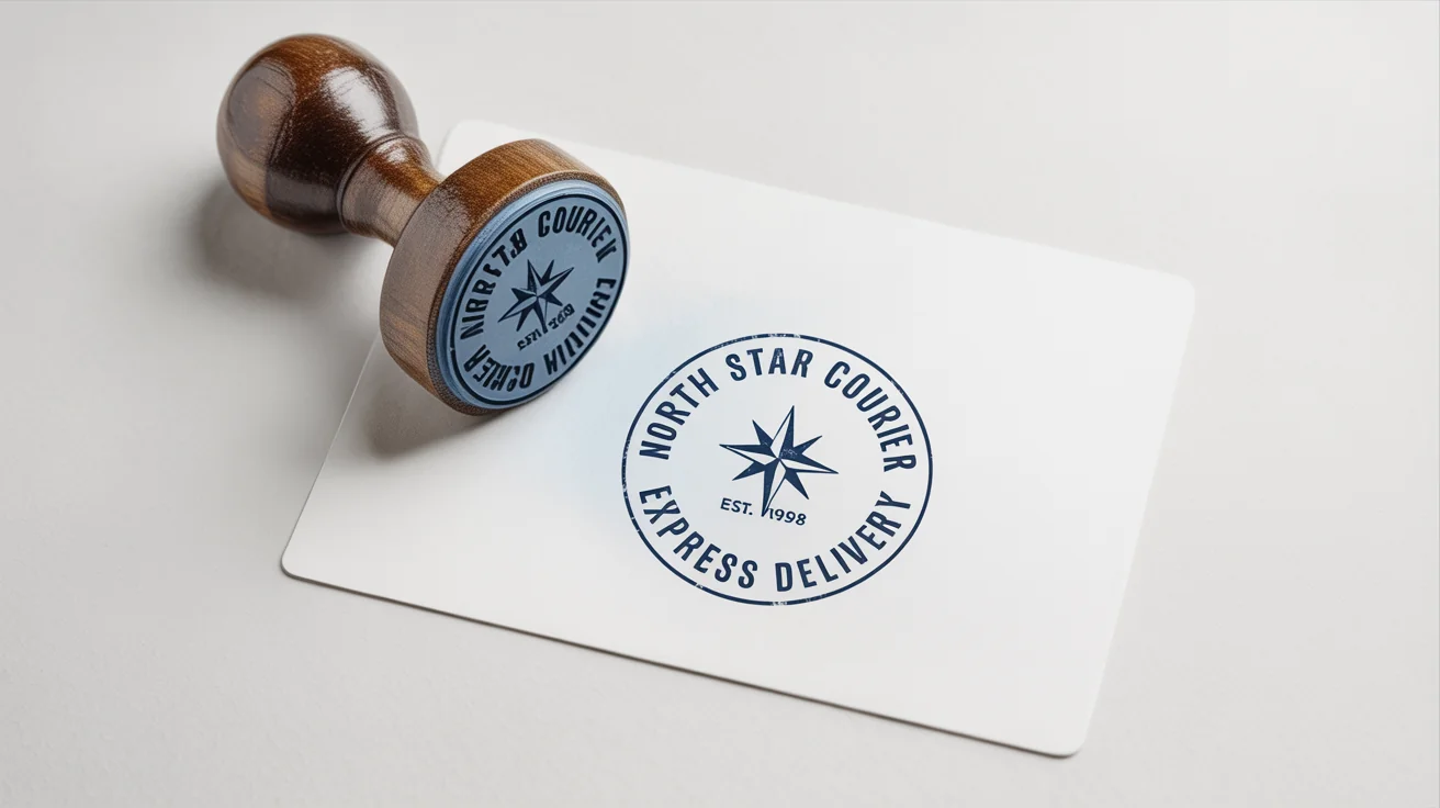 A photorealistic mockup of a round wooden stamp lying next to its navy blue ink impression on a white card, featuring the text 'North Star Courier'.