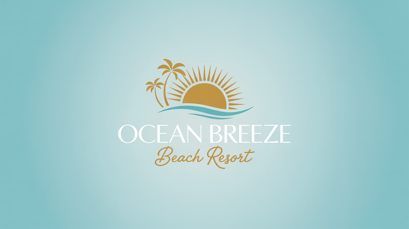A professionally designed logo for the 'Ocean Breeze Beach Resort' on a light blue background. The logo includes a stylized sun, two palm trees, and the text 'Ocean Breeze' in white font and 'BEACH RESORT' in gold cursive.