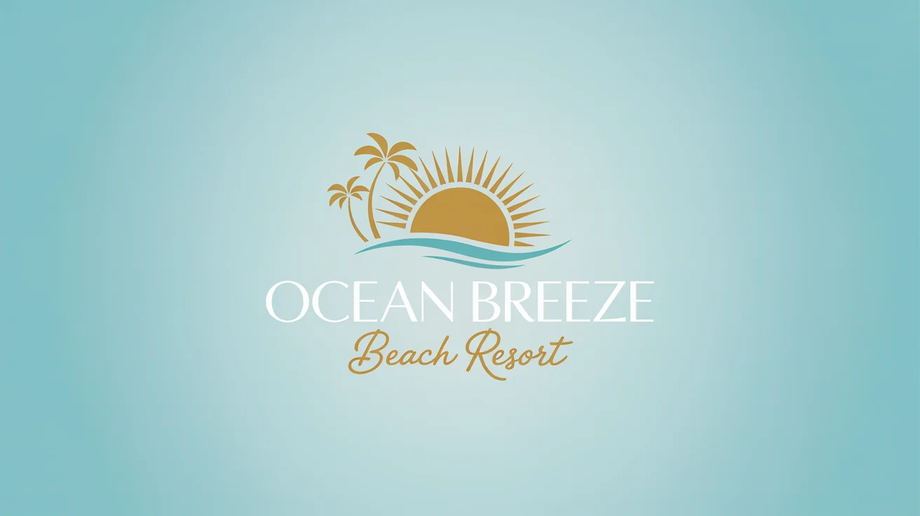 A professionally designed logo for the 'Ocean Breeze Beach Resort' on a light blue background. The logo includes a stylized sun, two palm trees, and the text 'Ocean Breeze' in white font and 'BEACH RESORT' in gold cursive.