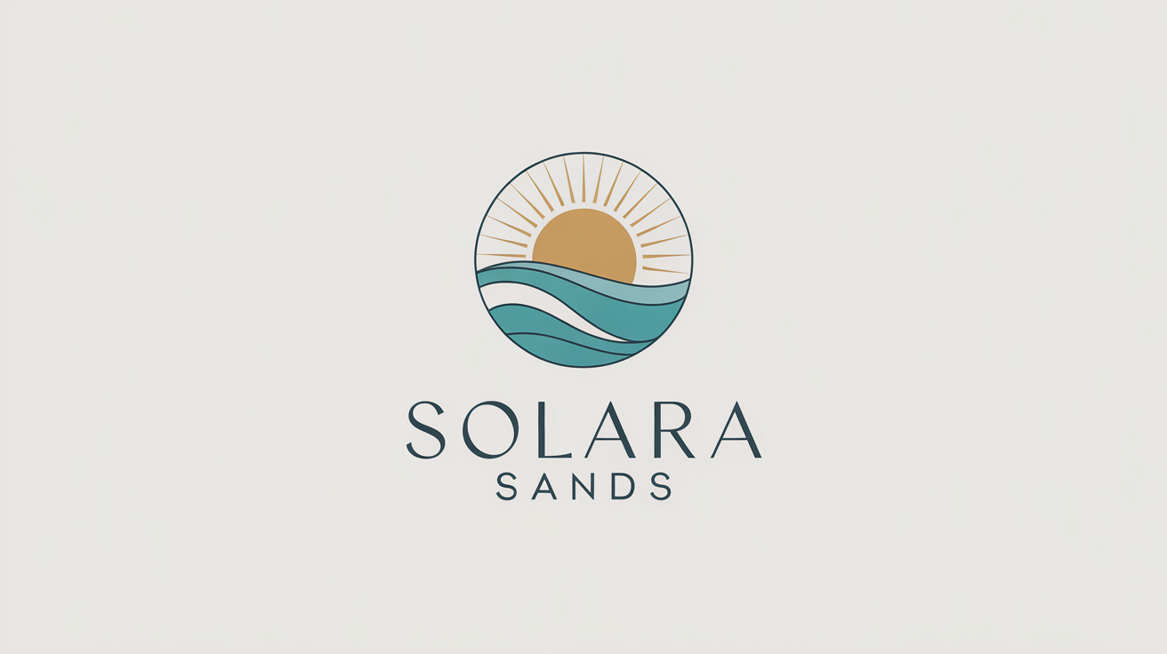 A modern logo for a luxury beach resort named 'Solara Sands'. The logo features a circular design with a golden sun and turquoise waves, set against a white background.