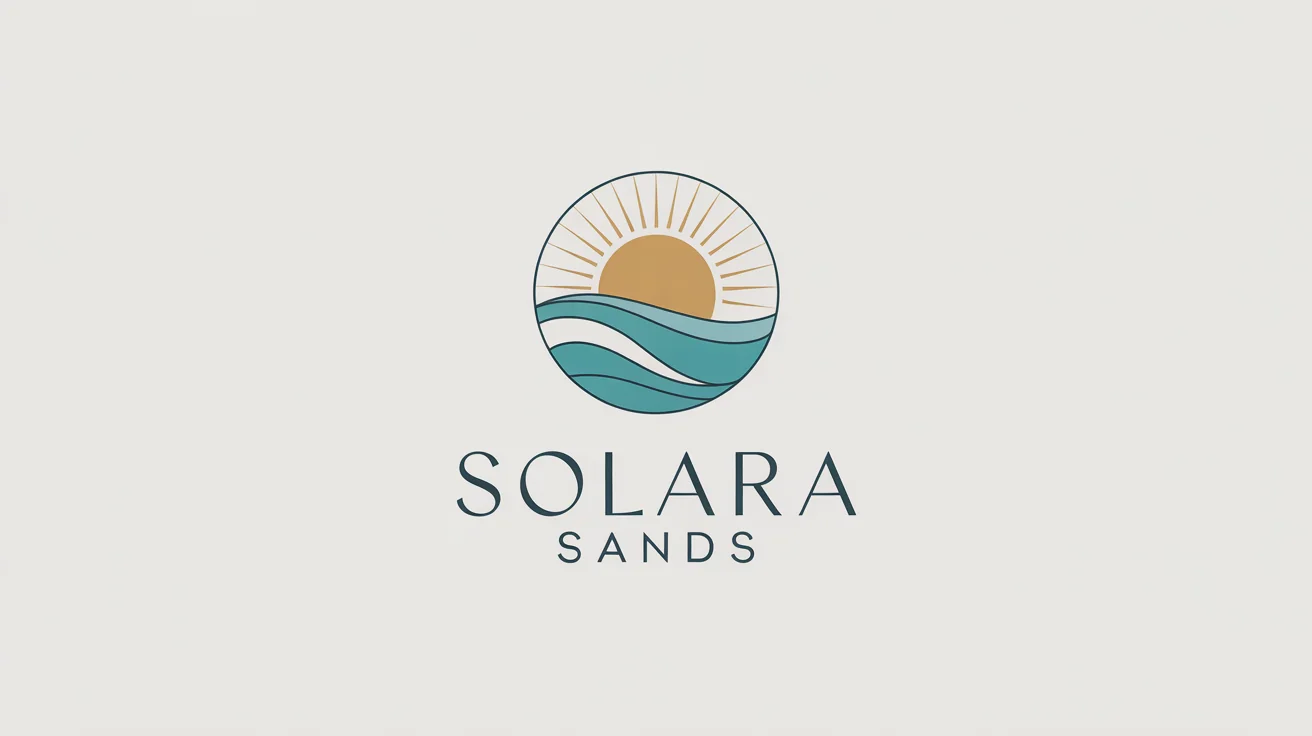 A modern logo for a luxury beach resort named 'Solara Sands'. The logo features a circular design with a golden sun and turquoise waves, set against a white background.