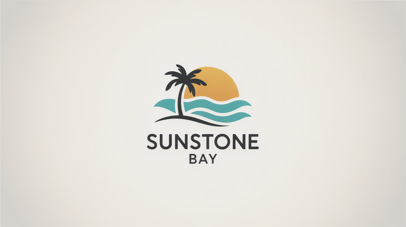 A modern logo for a beach resort named Sunstone Bay, featuring a stylized sun, wave, and palm tree on a white background.