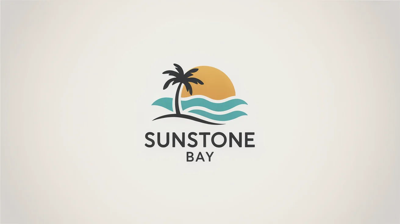 A modern logo for a beach resort named Sunstone Bay, featuring a stylized sun, wave, and palm tree on a white background.