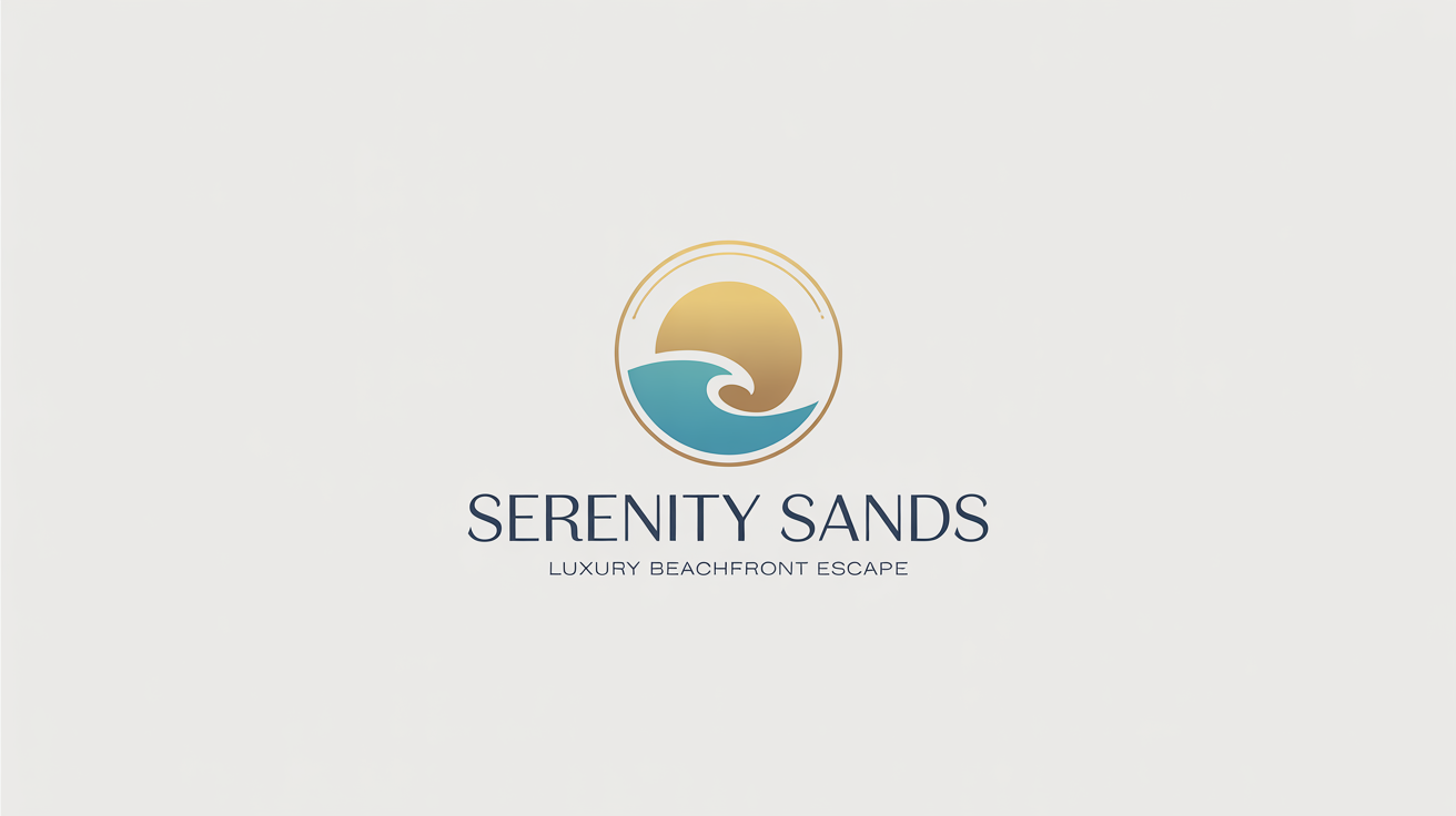 A modern logo for a luxury beach resort named 'Serenity Sands', featuring a stylized golden sun and turquoise wave on a white background.
