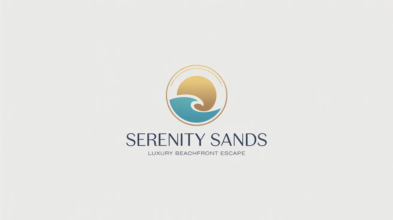 A modern logo for a luxury beach resort named 'Serenity Sands', featuring a stylized golden sun and turquoise wave on a white background.
