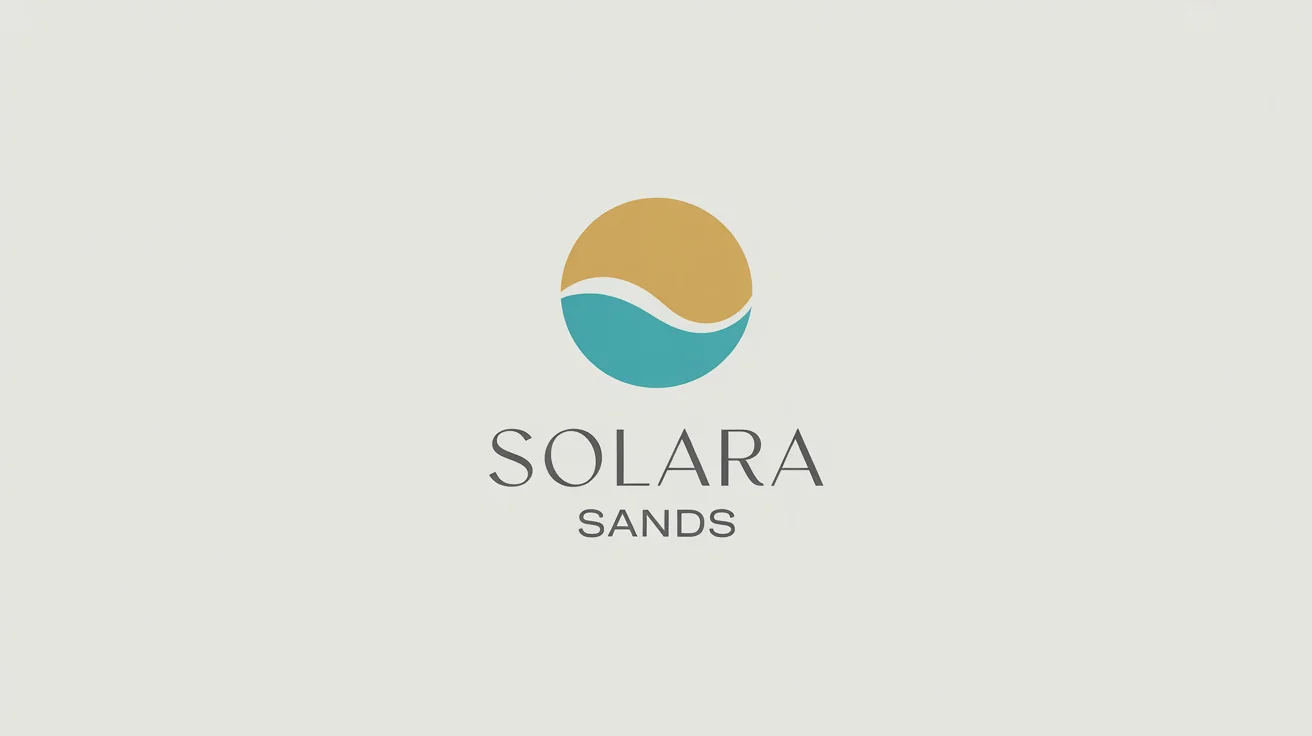 A minimalist and elegant logo mockup for a luxury beach resort named 'Solara Sands', featuring a circular emblem of a sun and wave on a white background.