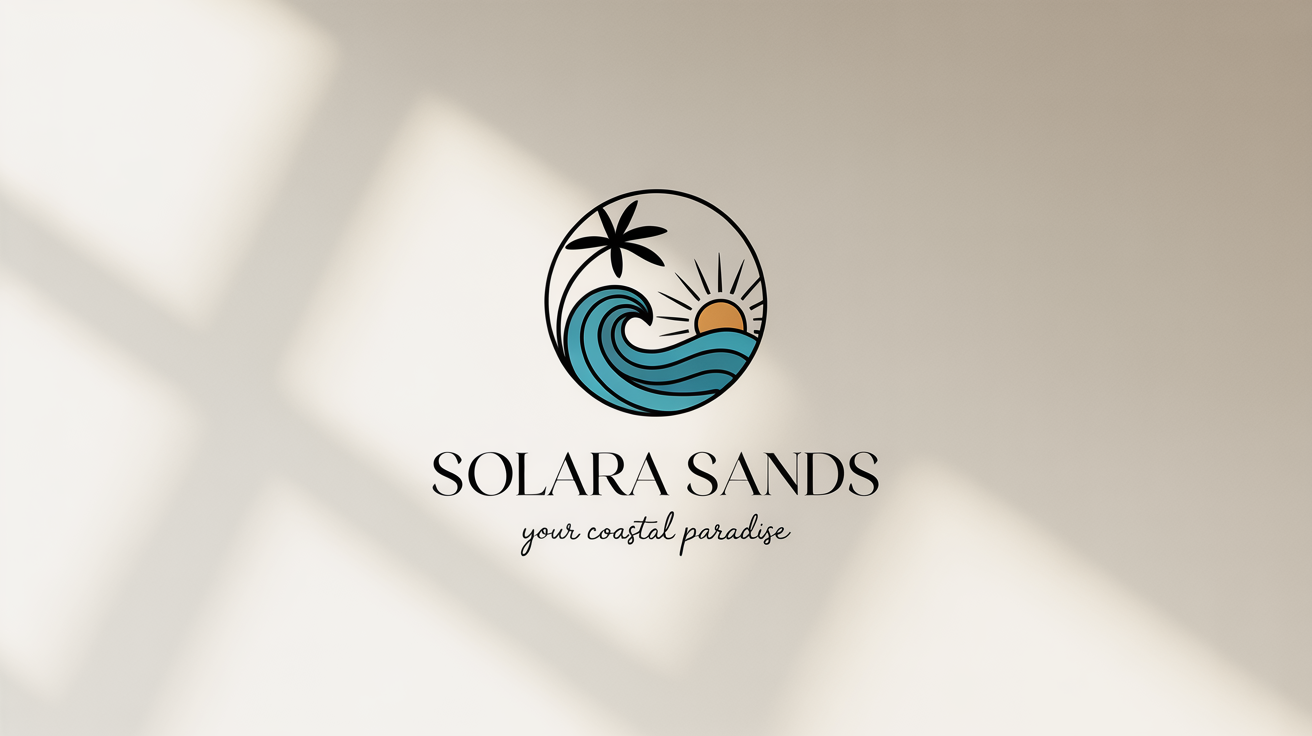 A logo mockup for a luxury beach resort named 'Solara Sands'. The circular logo features a turquoise wave, a golden sun, and a palm tree, all on a clean white background.