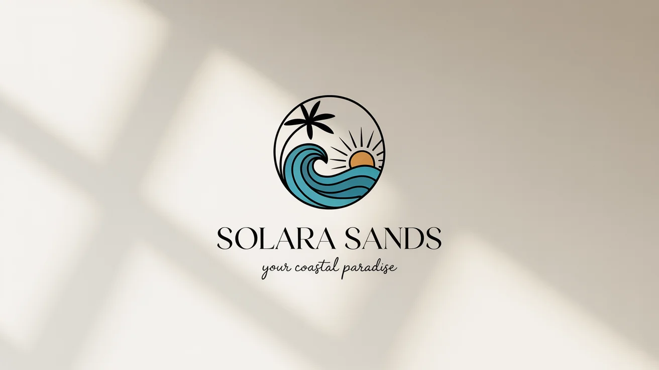 A logo mockup for a luxury beach resort named 'Solara Sands'. The circular logo features a turquoise wave, a golden sun, and a palm tree, all on a clean white background.