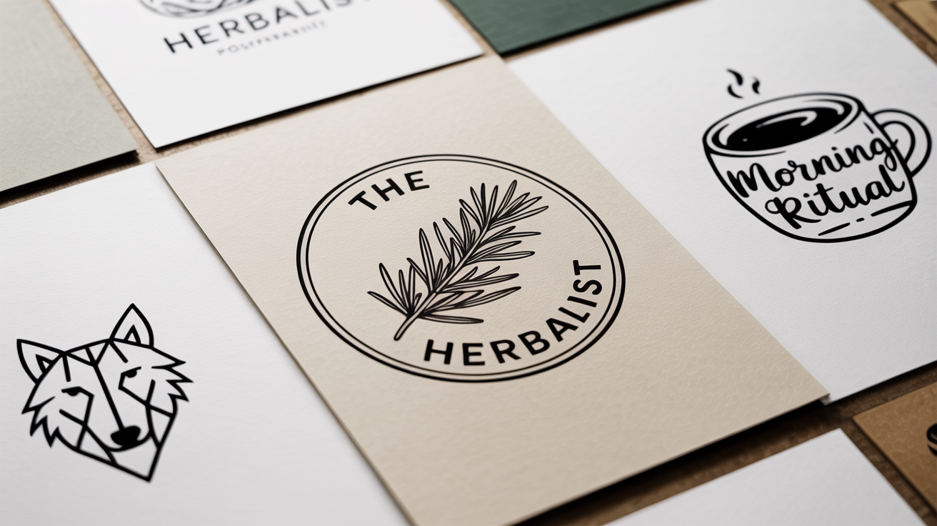 A professional mockup displaying several examples of hand-drawn logos on a white background, including a botanical logo for 'The Herbalist' and a coffee cup logo for 'Morning Ritual'.