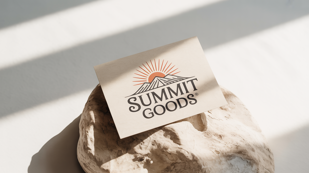 A minimalist, hand-drawn logo for a brand named 'Summit Goods', featuring an illustration of a mountain range and a rising sun, presented on a clean white background.