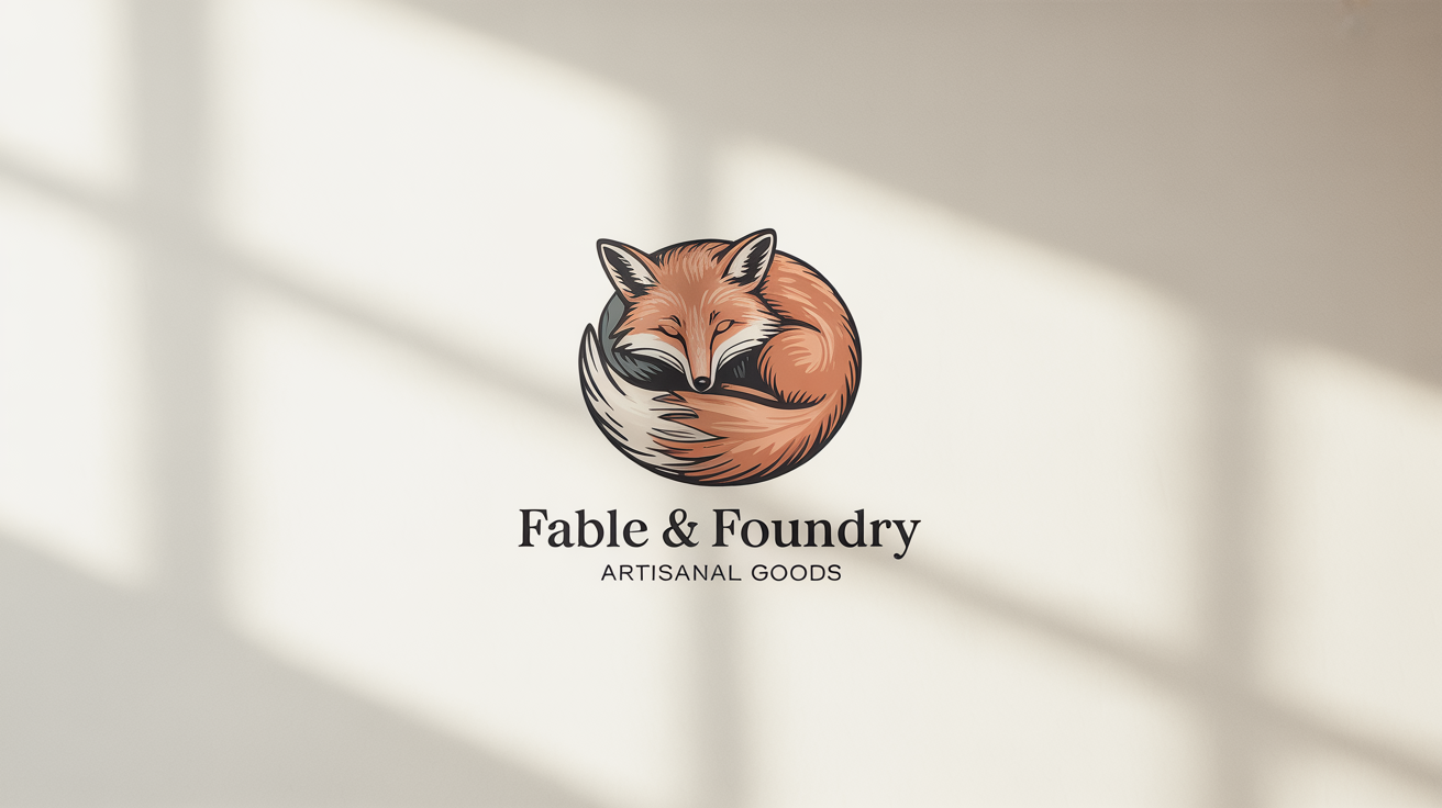 A professionally designed, hand-drawn logo for a brand named 'Fable & Foundry Artisanal Goods'. The logo features a stylized terracotta orange fox above the hand-lettered brand name on a white background.