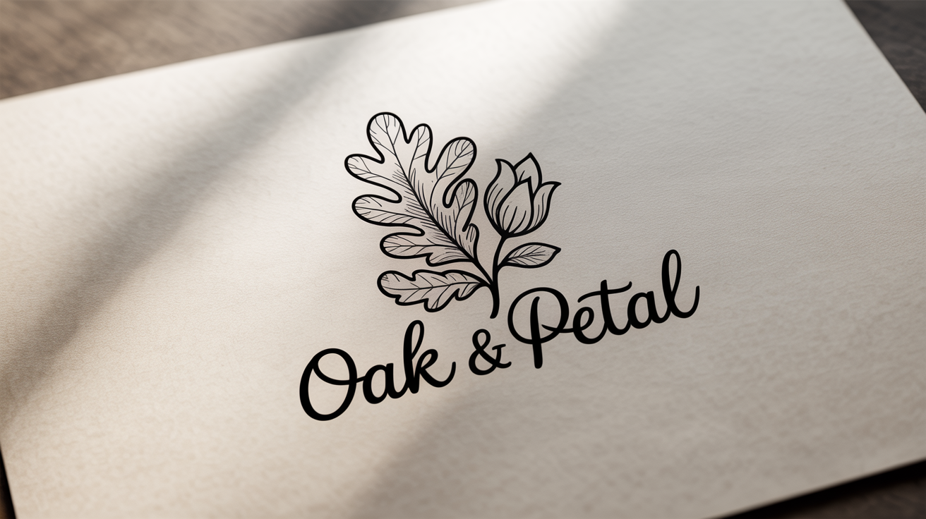 A minimalist, hand-drawn logo for a fictional brand 'Oak & Petal', featuring an intertwined oak leaf and flower, presented on a clean white paper background.