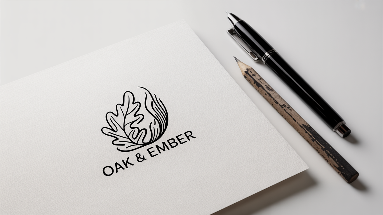 A professionally designed hand-drawn logo for 'Oak & Ember', displayed on paper with a pen and pencil next to it, against a clean white background, showcasing a creative branding process.