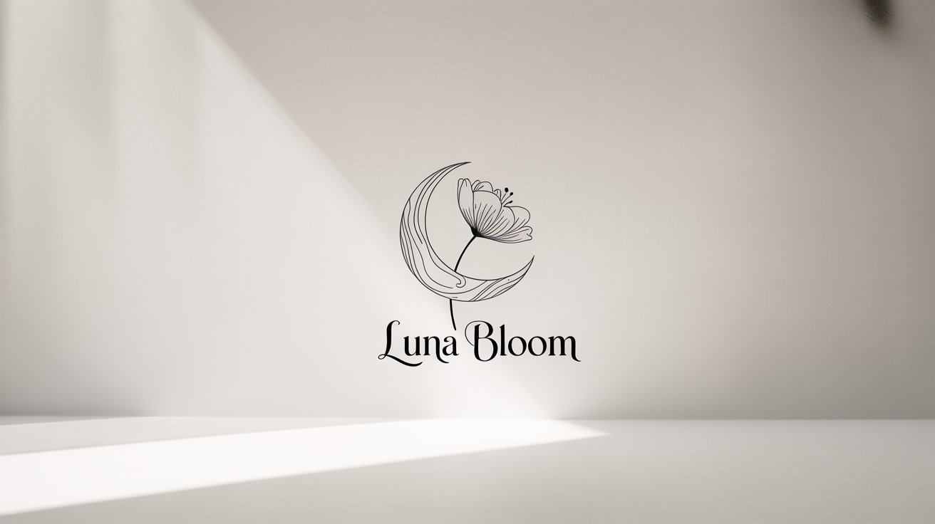 A professionally presented mockup of a hand-drawn logo for a brand called 'Luna Bloom', featuring a line art crescent moon and flower on a clean white background.