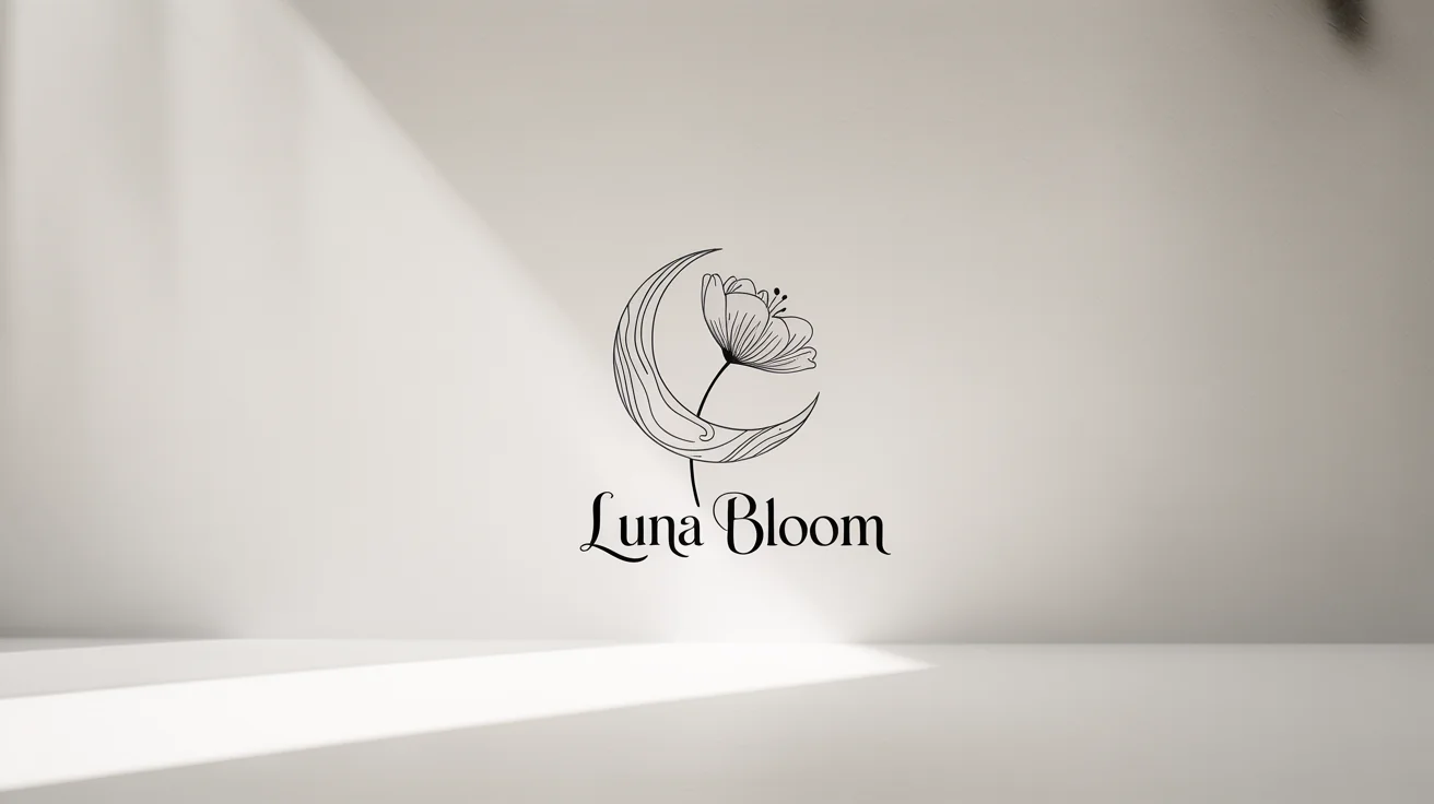 A professionally presented mockup of a hand-drawn logo for a brand called 'Luna Bloom', featuring a line art crescent moon and flower on a clean white background.