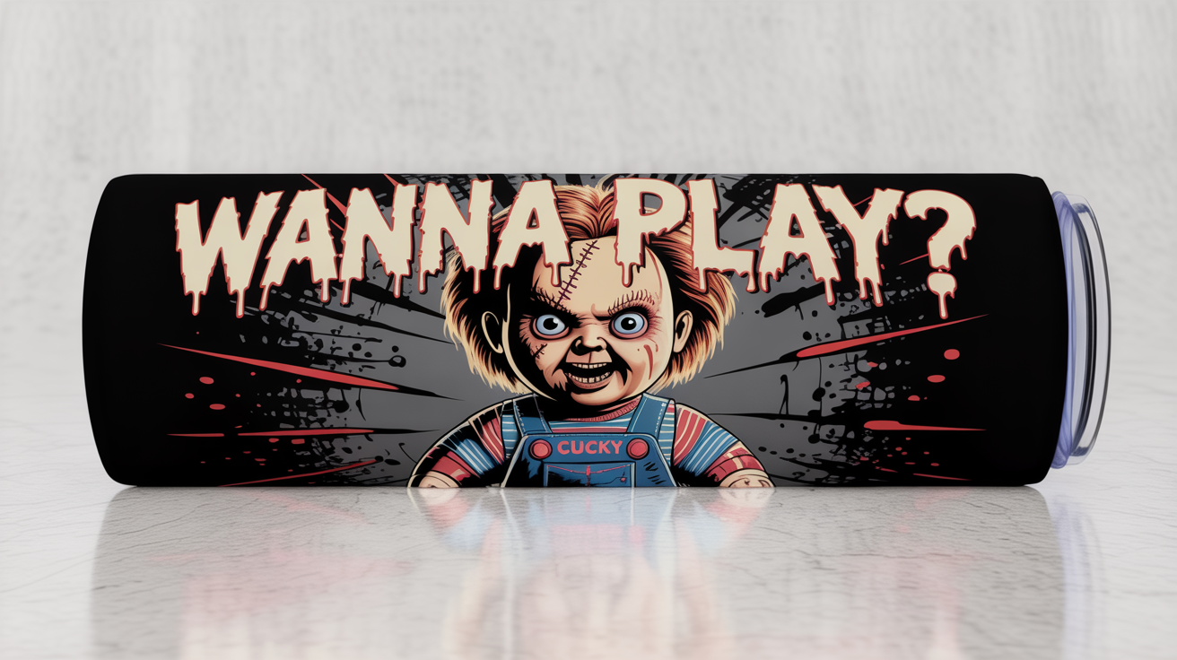 A flat layout of a tumbler wrap design featuring a scary illustration of the Chucky doll with the text 'Wanna Play?' on a dark, grungy background.