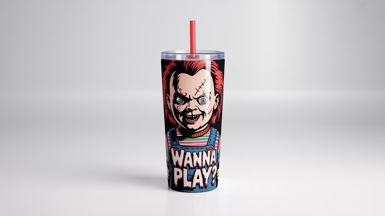 A realistic mockup of a stainless steel tumbler with a full wrap design inspired by the horror character Chucky, set against a plain white background.
