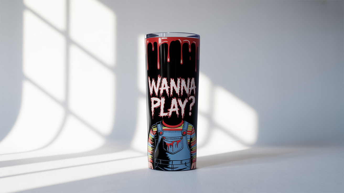 A photorealistic mockup of a skinny tumbler with a Chucky-inspired wrap design, featuring his striped shirt pattern, blood drips, and the phrase 'Wanna Play?' against a white background.