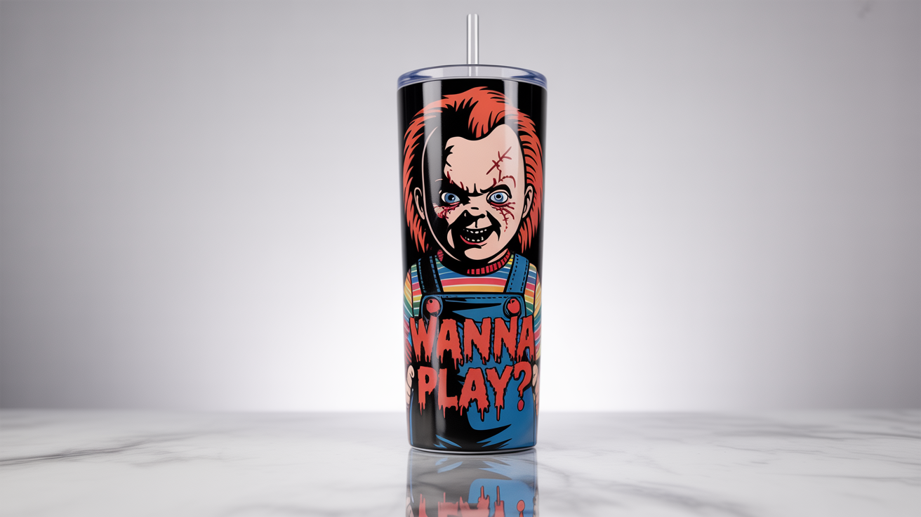A photorealistic mockup of a stainless steel tumbler featuring a wrap design inspired by the horror character Chucky, with his iconic striped shirt pattern and the text 'Wanna Play?'.