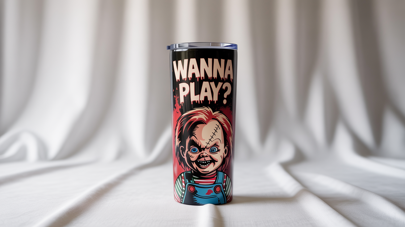 A glossy tumbler with a detailed wrap design of the horror movie character Chucky, featuring his face and the text 'WANNA PLAY?'. The product is displayed against a clean white background.