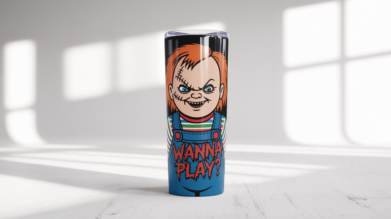 A product mockup of a tall, skinny tumbler with a Chucky-themed wrap. The design features Chucky's face, his iconic outfit, blood splatters, and the phrase 'Wanna Play?' against a white background.