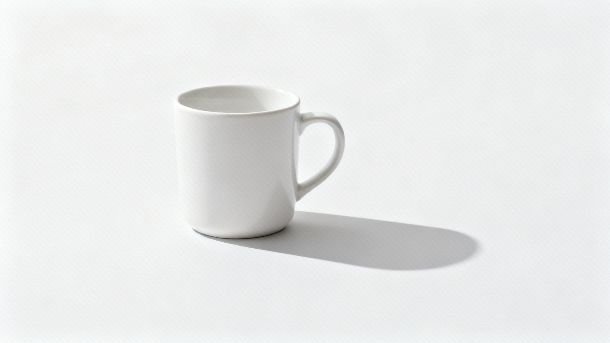A photorealistic image of a white coffee mug on a white surface, casting a soft, realistic shadow, demonstrating a shadow generator effect.