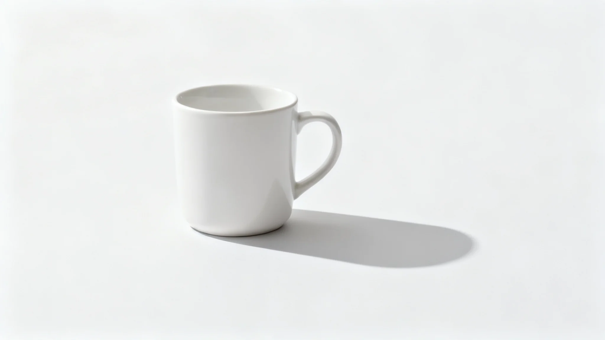 A photorealistic image of a white coffee mug on a white surface, casting a soft, realistic shadow, demonstrating a shadow generator effect.