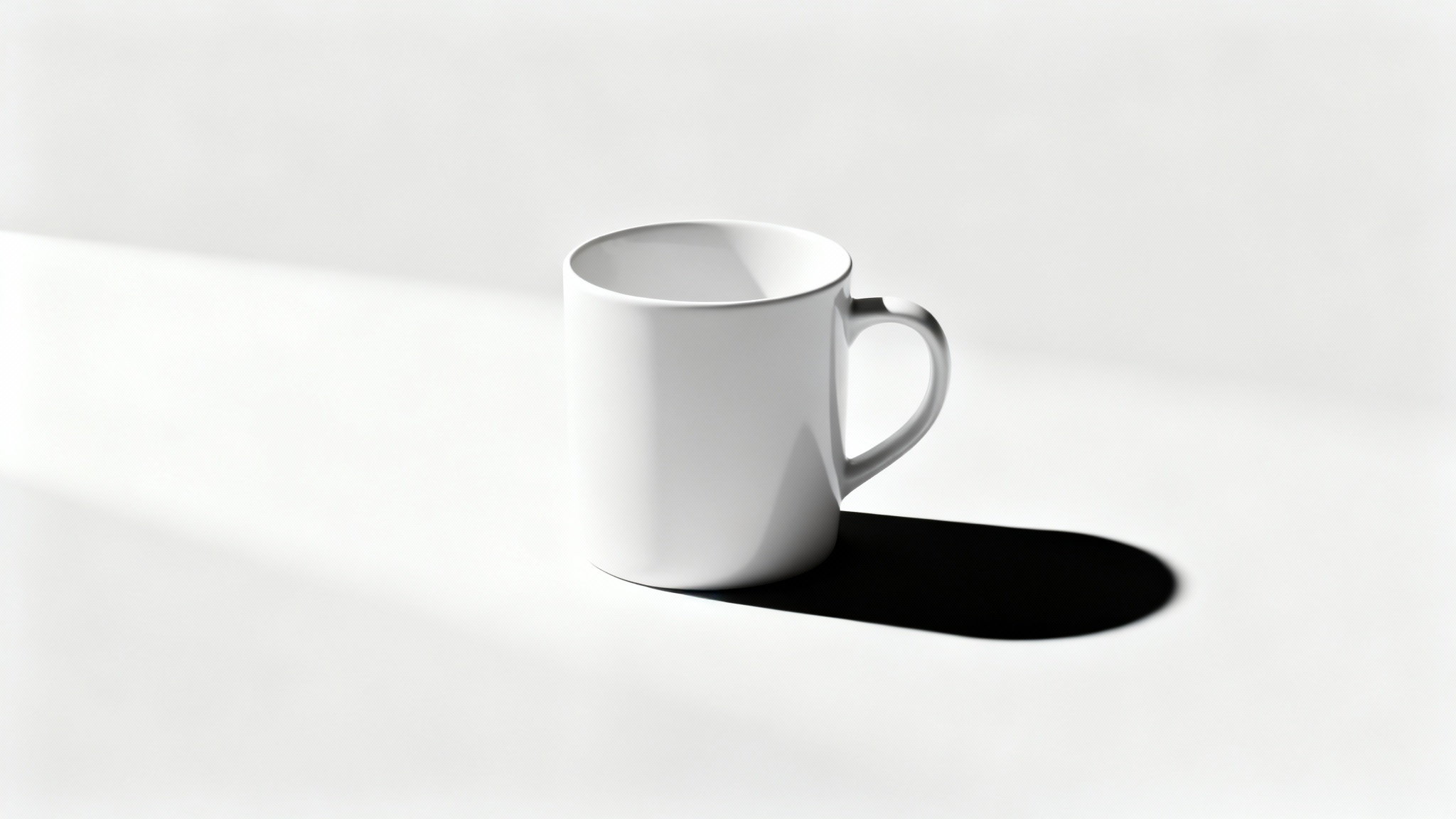 A minimalist, photorealistic image of a white coffee mug on a white surface, casting a long, soft shadow that clearly demonstrates the effect of a shadow generator.