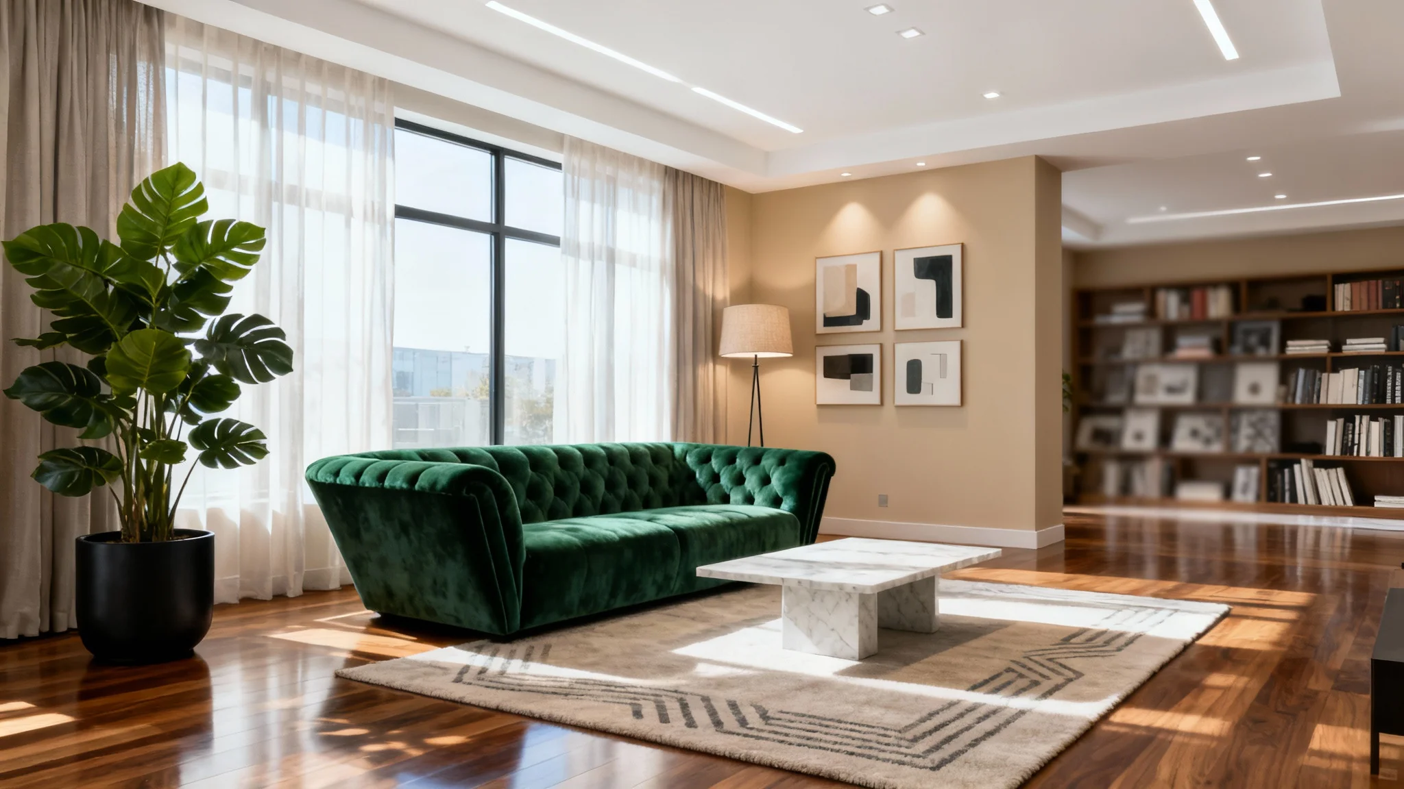 A modern, sunlit living room showing the final result of a design tool, with a new emerald green velvet couch perfectly placed in the space.