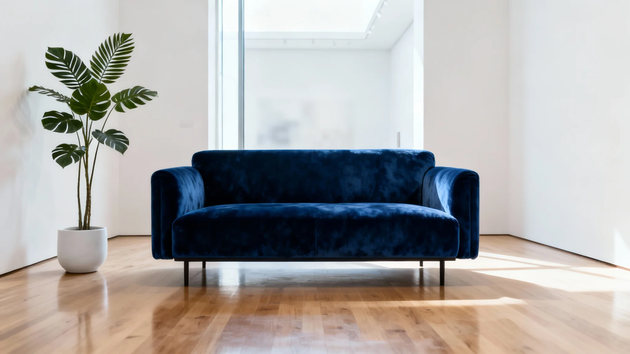 A photorealistic mockup of a modern living room featuring a luxurious deep blue velvet couch as the central focus against clean white walls and a light wood floor.