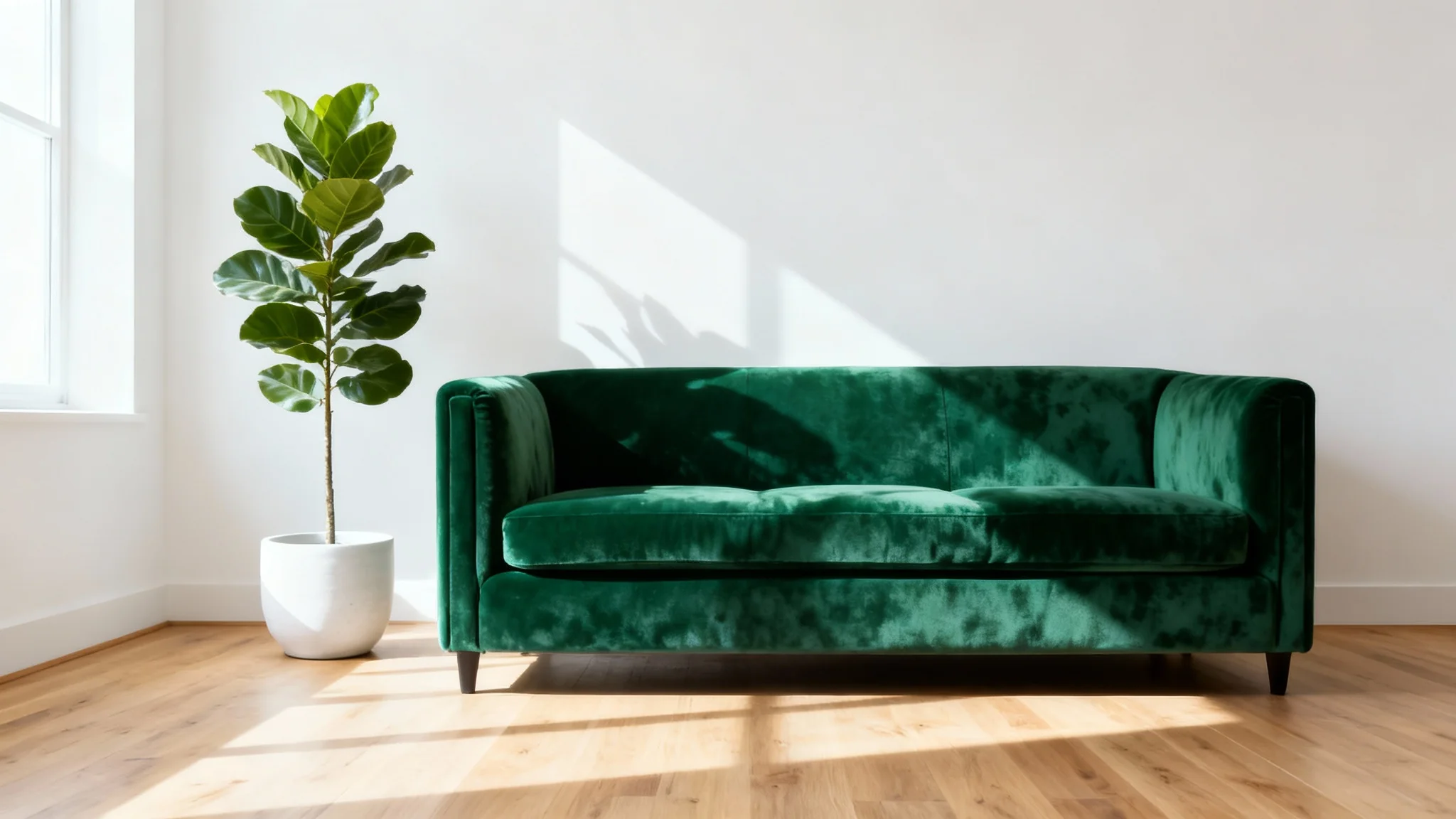 A stylish emerald green velvet couch is shown in a bright, minimalist living room with white walls and a hardwood floor, illustrating how to visualize furniture in a space.