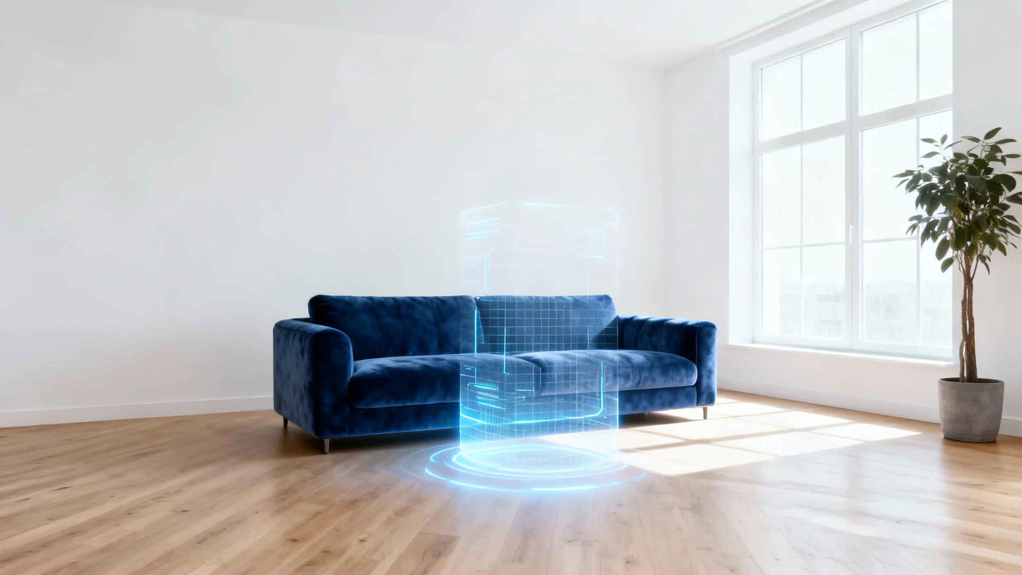 A minimalist living room with a holographic, semi-transparent blue sofa being visualized in the center, demonstrating an augmented reality furniture placement concept.