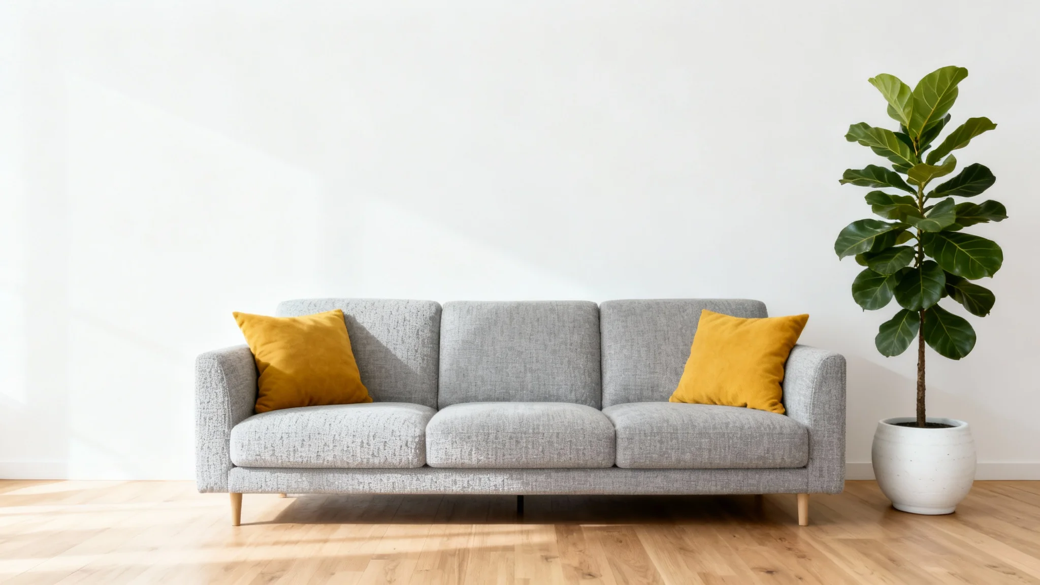 A photorealistic image of a modern gray sofa with yellow pillows placed in a minimalist, brightly lit room with a hardwood floor and a tall plant, set against a white background.