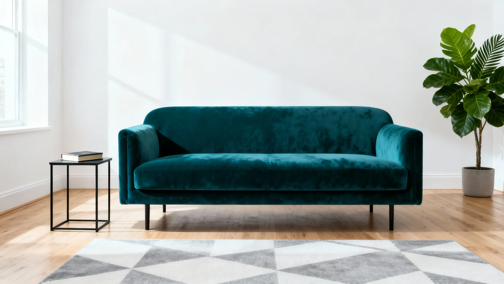 A stylish, modern living room with white walls and a light wood floor. A deep teal velvet couch is the centerpiece, placed on a geometric rug. The room is filled with natural light.