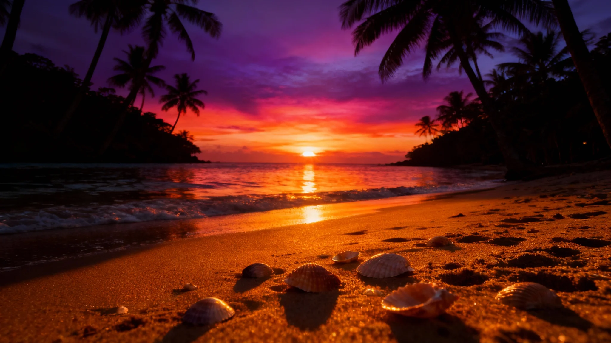 A professionally color-graded photograph of a beach sunset, showing vibrant, high-contrast colors. The sky's orange and pink hues are reflected in the water, and the sand has deep, rich tones, demonstrating a cinematic photo editing result.