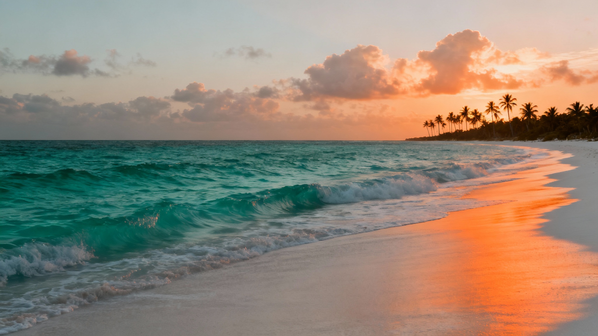 A professionally color-graded photograph of a beach scene at sunset, showcasing a dramatic contrast between the vibrant turquoise ocean and the warm orange glow on the sand.