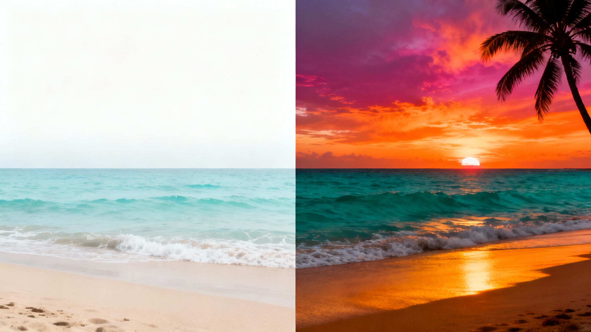A split-screen comparison of a beach photo before and after color grading. The 'before' side has dull, flat colors, while the 'after' side is vibrant with cinematic teal and orange tones from a sunset.