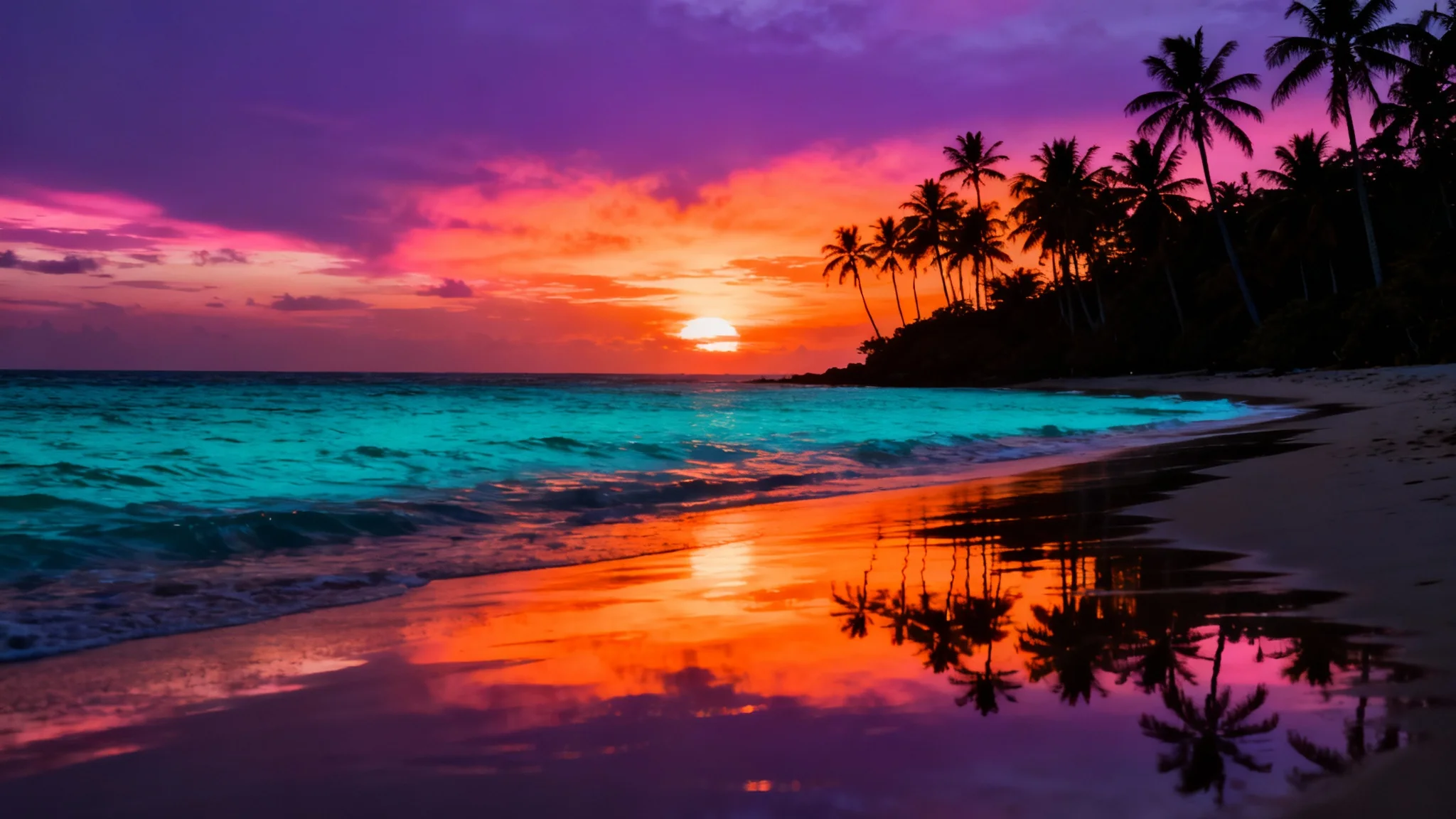 A cinematic, professionally color-graded photograph of a tropical beach at sunset, featuring a vibrant orange and purple sky, deep teal water, and silhouetted palm trees.