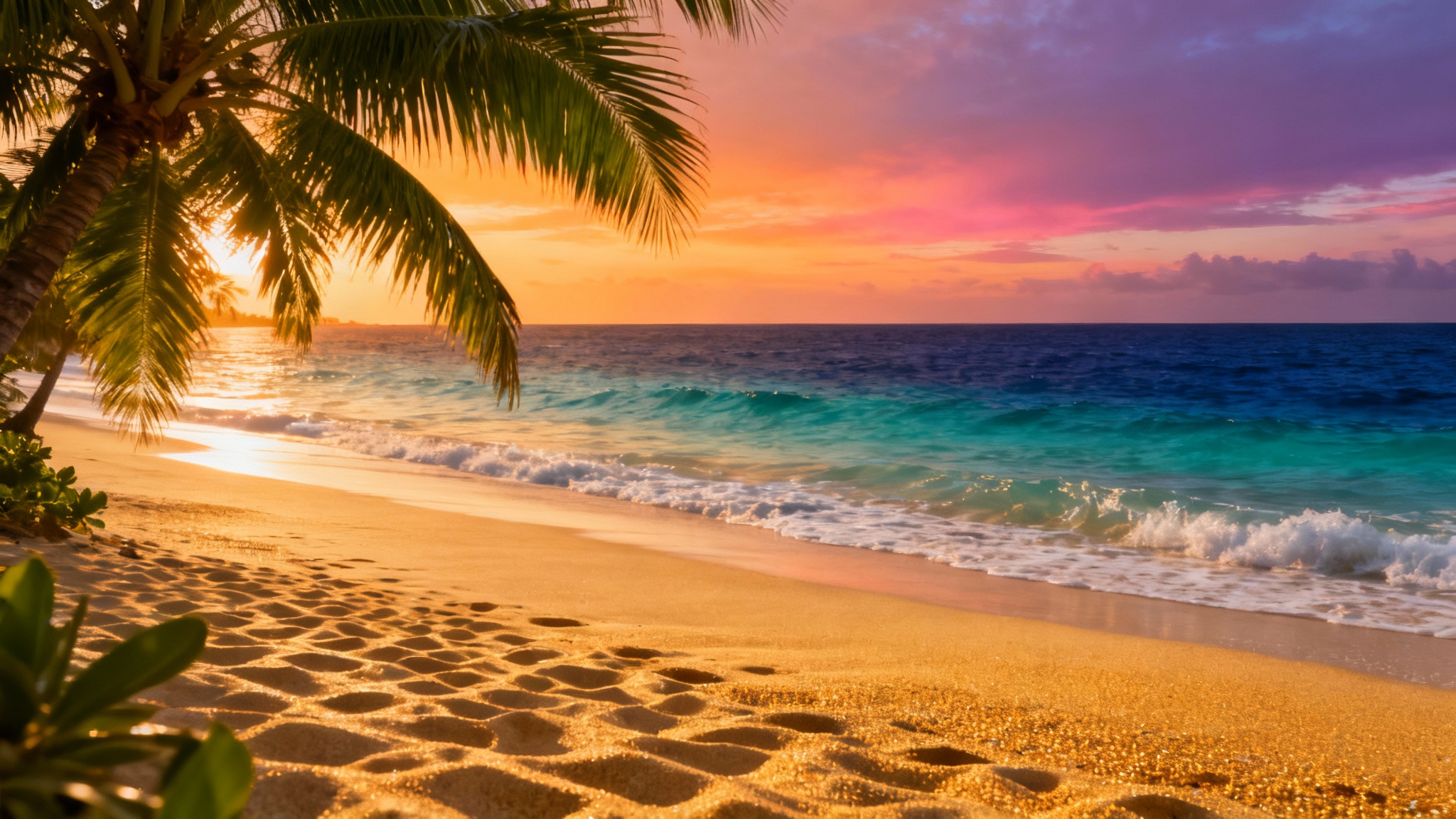 A beautifully color-graded photo of a tropical beach at sunset, with golden sand, turquoise water, and a vibrant orange and purple sky.