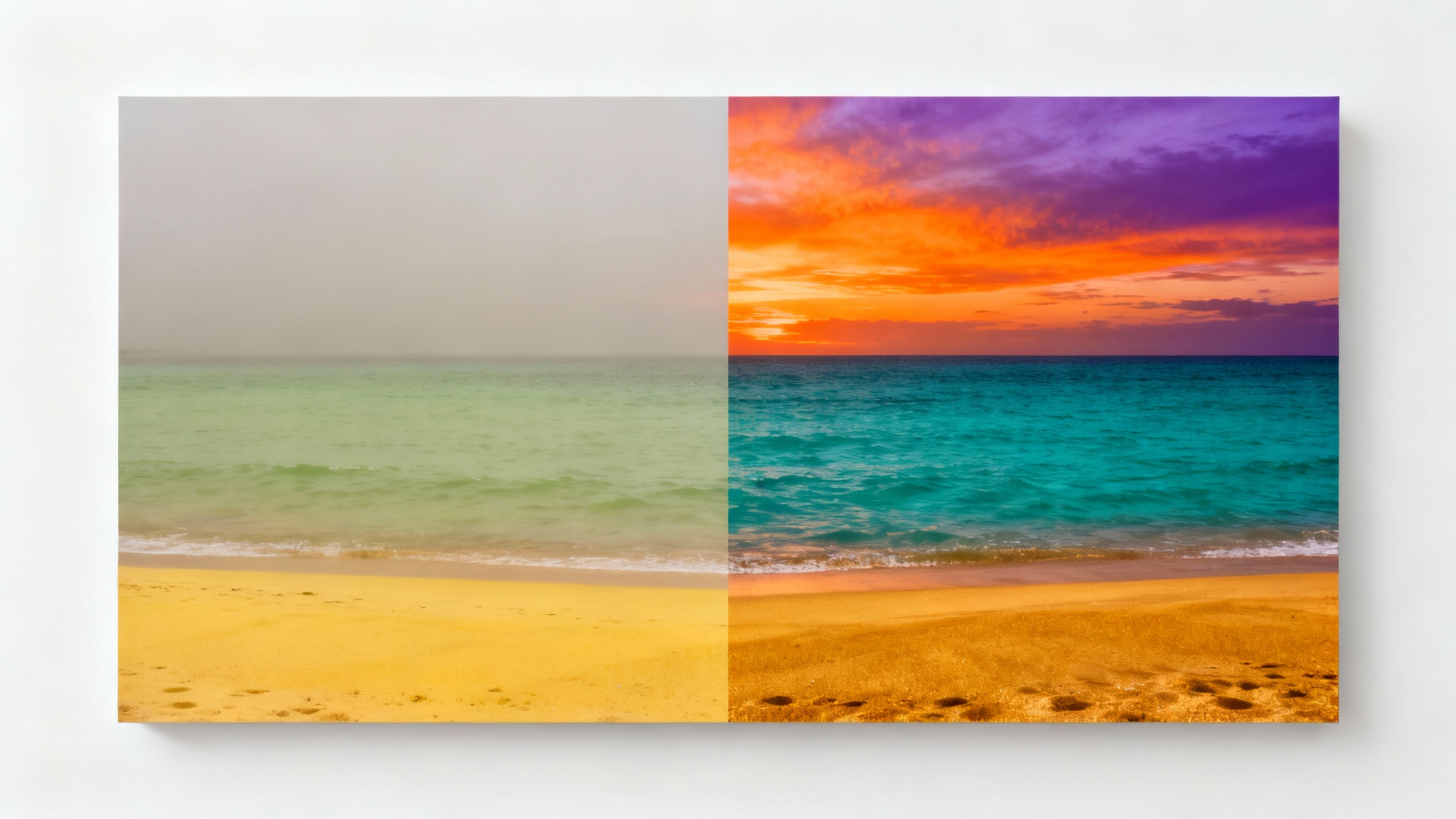 A split-screen comparison of a beach photo before and after color grading. The 'before' side is dull and flat, while the 'after' side is vibrant and cinematic with a colorful sunset and turquoise water.