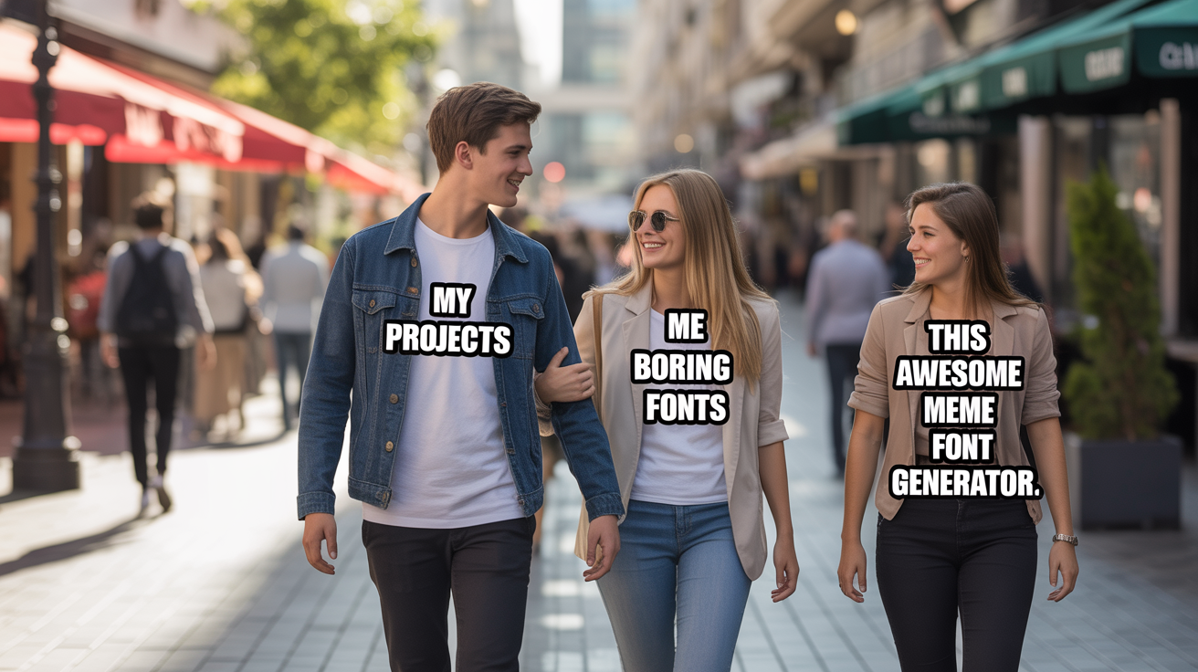 A high-quality version of the 'Distracted Boyfriend' meme. The boyfriend is labeled 'MY PROJECTS', his angry girlfriend is 'ME USING BORING FONTS', and the woman he's looking at is 'THIS AWESOME MEME FONT GENERATOR'.