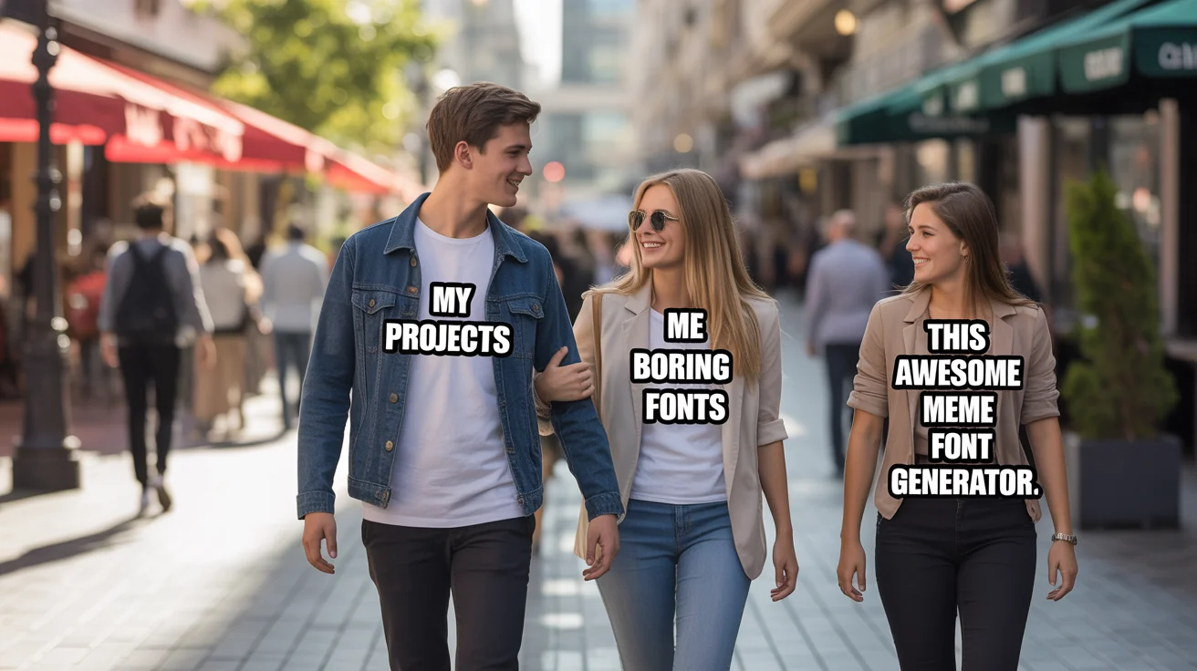 A high-quality version of the 'Distracted Boyfriend' meme. The boyfriend is labeled 'MY PROJECTS', his angry girlfriend is 'ME USING BORING FONTS', and the woman he's looking at is 'THIS AWESOME MEME FONT GENERATOR'.