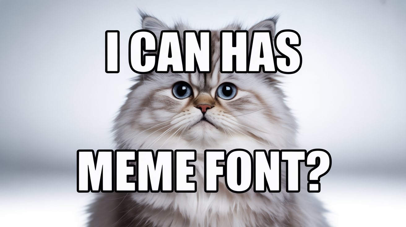 A classic internet meme featuring a bewildered-looking cat with the text 'I CAN HAS MEME FONT?' written in a bold white meme font.