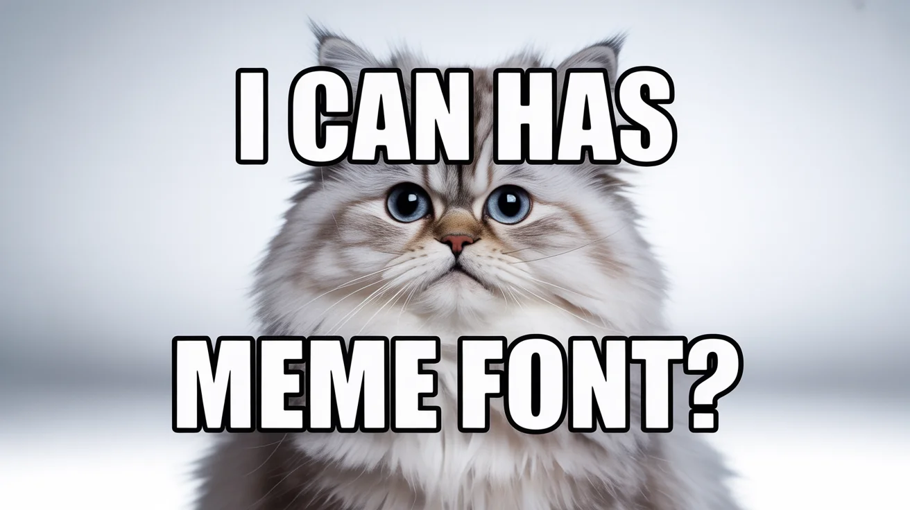 A classic internet meme featuring a bewildered-looking cat with the text 'I CAN HAS MEME FONT?' written in a bold white meme font.