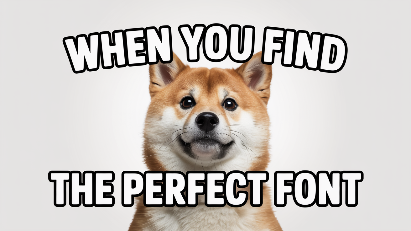 A meme-style image of a surprised Shiba Inu dog's face on a white background. It has bold, white text with a black outline. The top text says 'WHEN YOU FIND' and the bottom text says 'THE PERFECT FONT'.