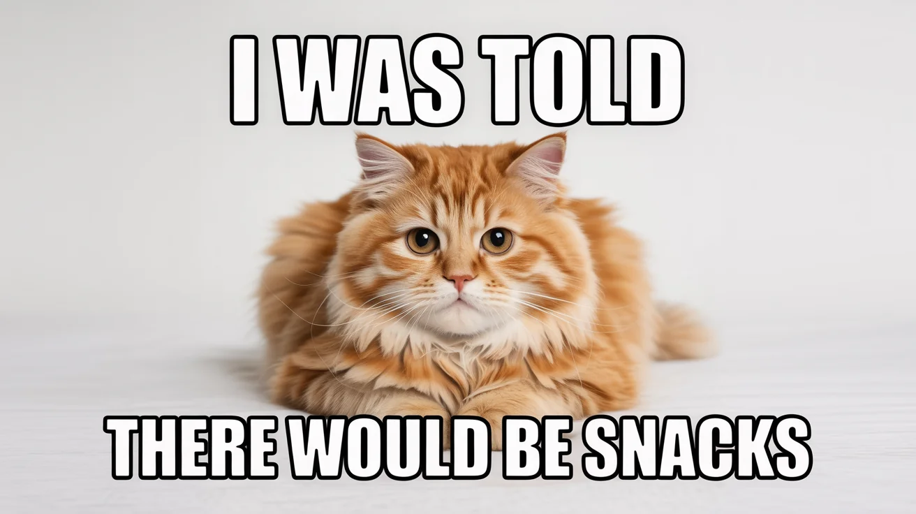 A classic internet meme featuring a grumpy ginger cat. The top text says 'I WAS TOLD' and the bottom text says 'THERE WOULD BE SNACKS' in a bold white font with a black outline.