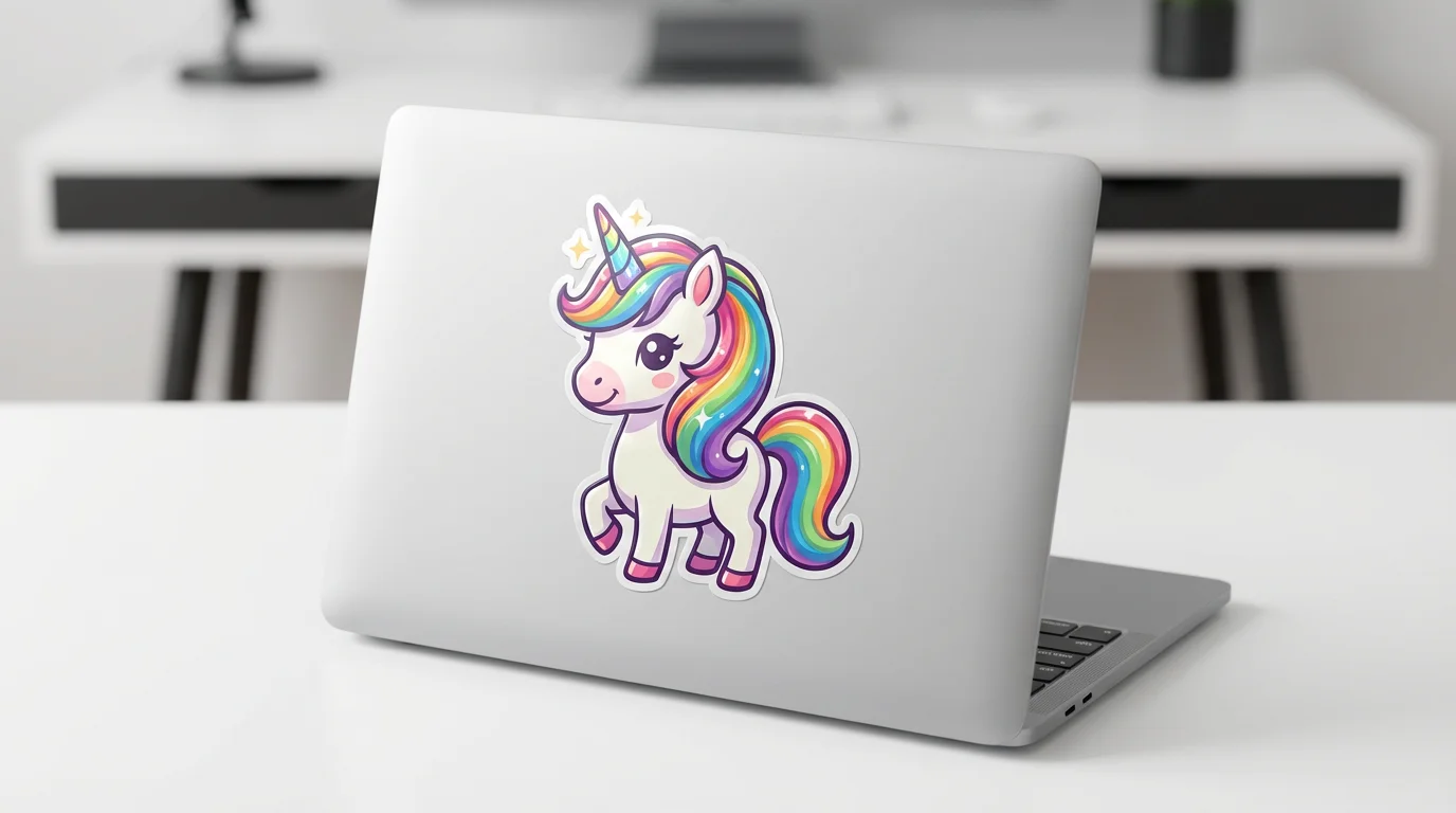 A finished, glossy unicorn sticker with a rainbow mane, professionally applied to a sleek product, showcased in a clean, bright studio setting.