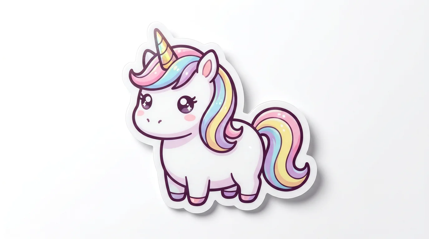 A cute, die-cut vinyl sticker of a unicorn with a pastel rainbow mane, presented on a clean white background.